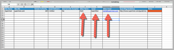 How to guest blog - editors details in spreadsheet